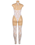 With Farawlaya Sexy Lace Sleeveless See-Through Backless Deep V-Neck Bodysuit With Stocking
