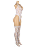 With Farawlaya Sexy Lace Sleeveless See-Through Backless Deep V-Neck Bodysuit With Stocking