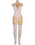 With Farawlaya Sexy Lace Sleeveless See-Through Backless Deep V-Neck Bodysuit With Stocking