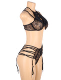 New Sexy Velvet Floral Lace Patchwork Gartered Lingerie Set With Underwire