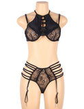 Sexy Velvet Floral Lace Patchwork Gartered Lingerie Set With Underwire