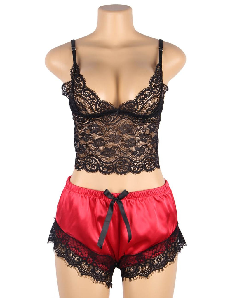 Women Hollow Sexy Sleepwear Nightwear Lace Trim Satin Top Pajama Sets