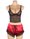 Women Hollow Sexy Sleepwear Nightwear Lace Trim Satin Top Pajama Sets