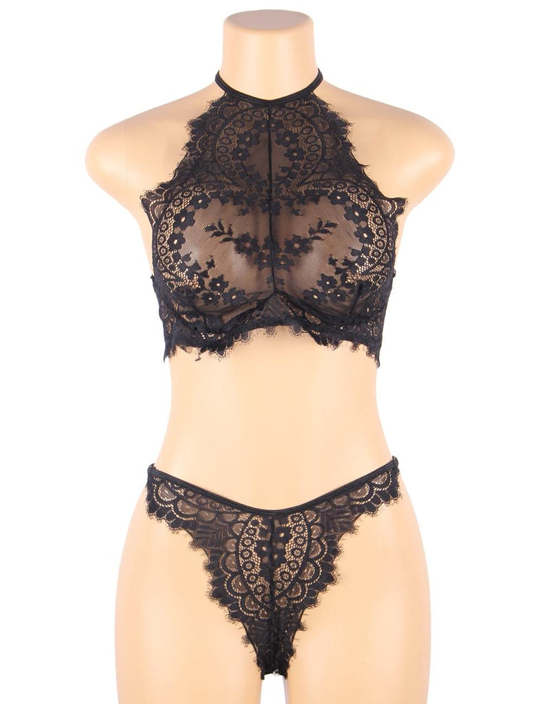 New Floral Black Eyelash Lace Lingerie Bra Set