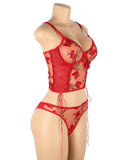 Pink & Gray & Red Butterfly Pattern Embroidery Mesh Lingerie Set With Underwire
