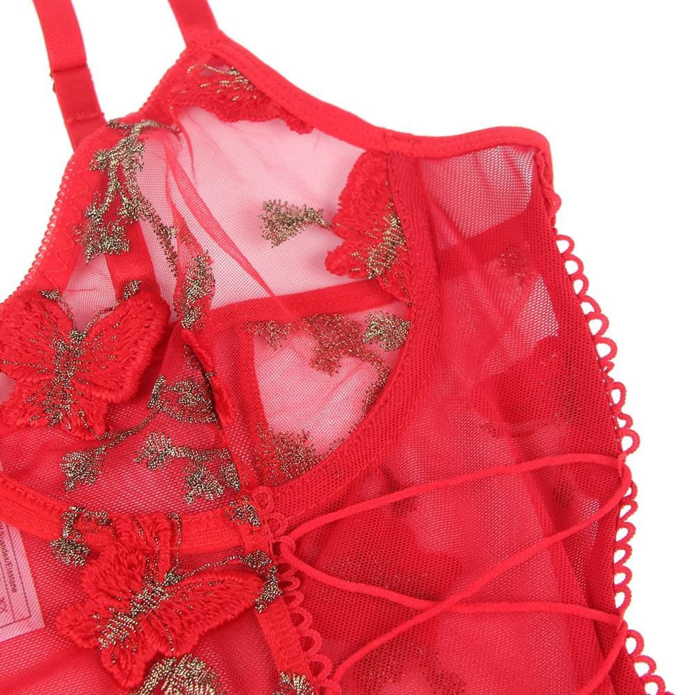 Pink & Gray & Red Butterfly Pattern Embroidery Mesh Lingerie Set With Underwire