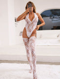 With Farawlaya Sexy Lace Sleeveless See-Through Backless Deep V-Neck Bodysuit With Stocking