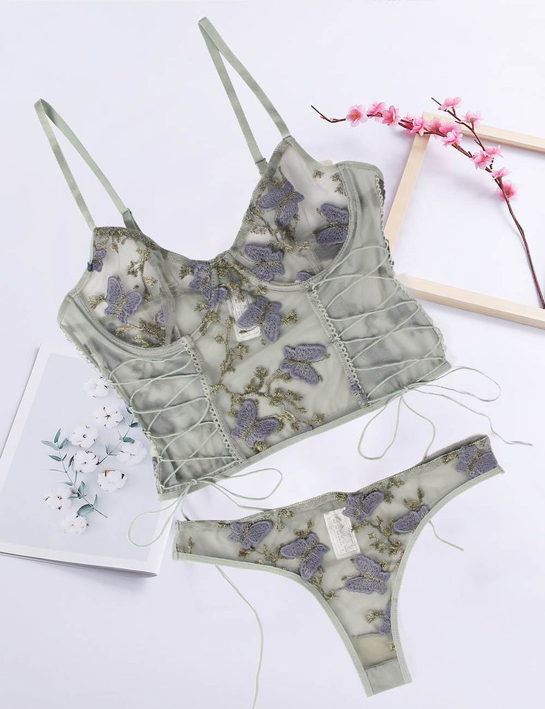 New Pink & Gray & Red Butterfly Pattern Embroidery Mesh Lingerie Set With Underwire