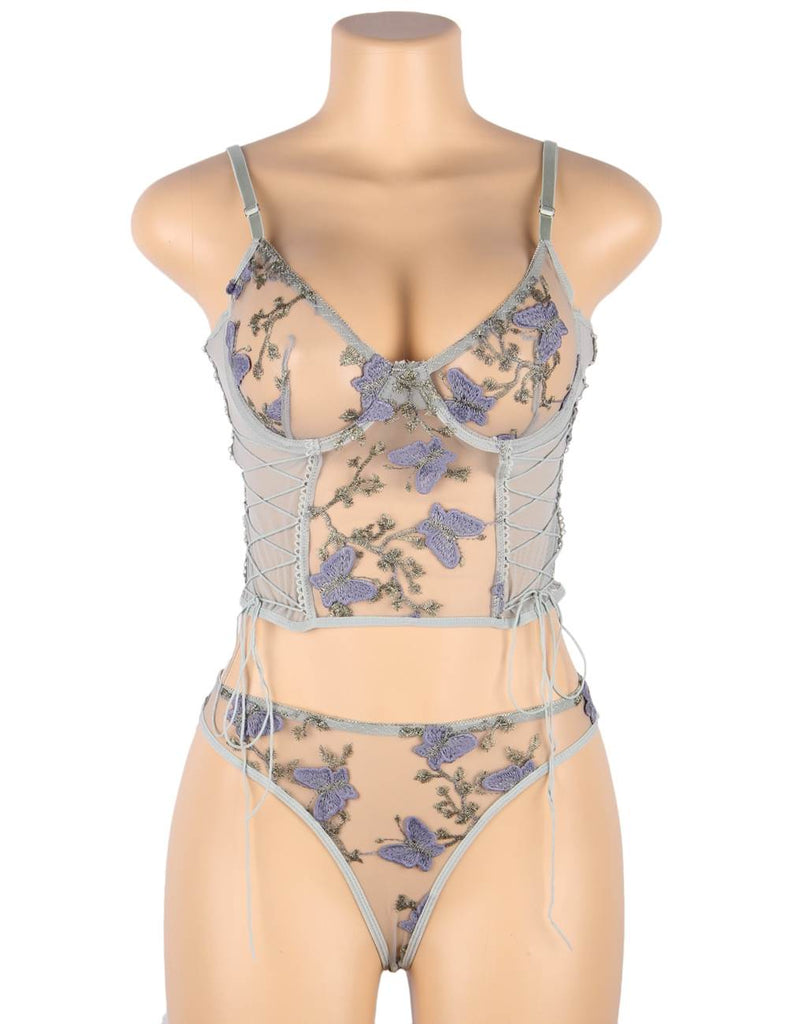 Pink & Gray & Red Butterfly Pattern Embroidery Mesh Lingerie Set With Underwire