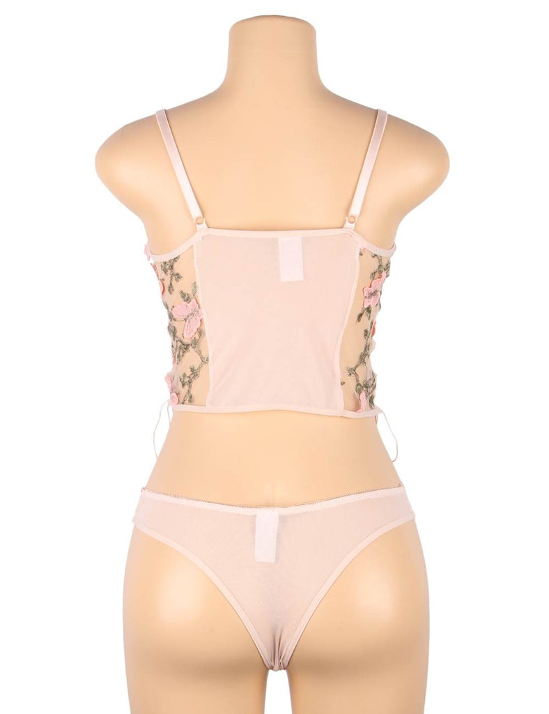 New Pink & Gray & Red Butterfly Pattern Embroidery Mesh Lingerie Set With Underwire