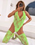 With Farawlaya Sexy Lace Sleeveless See-Through Backless Deep V-Neck Bodysuit With Stocking