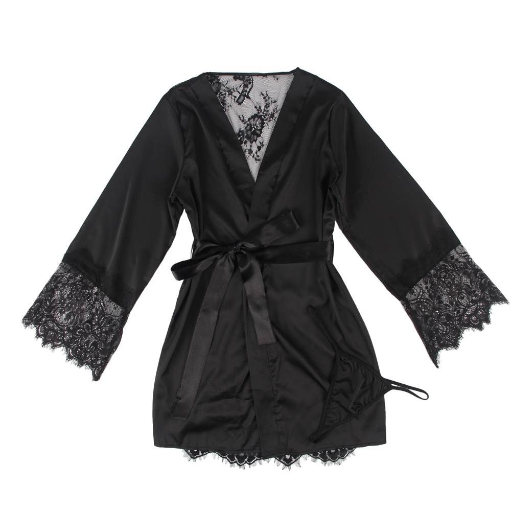 With Farawlaya Plus Size Silk Satin Lace Back Hollow Out Sexy Women Kimono Home