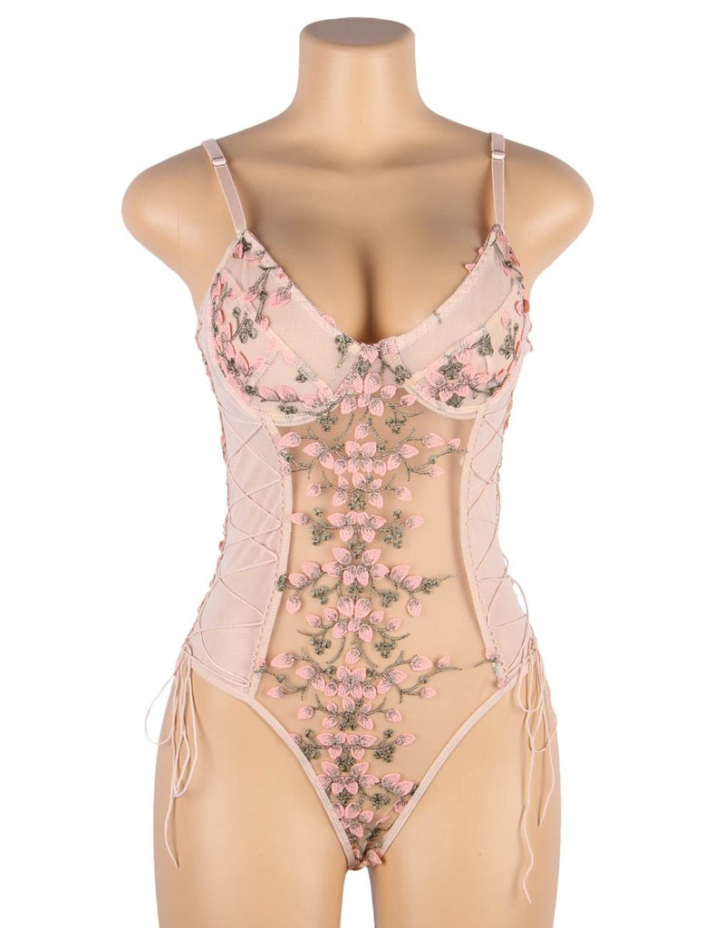 Exquisite Embroidery Mesh Bodysuit With Underwire