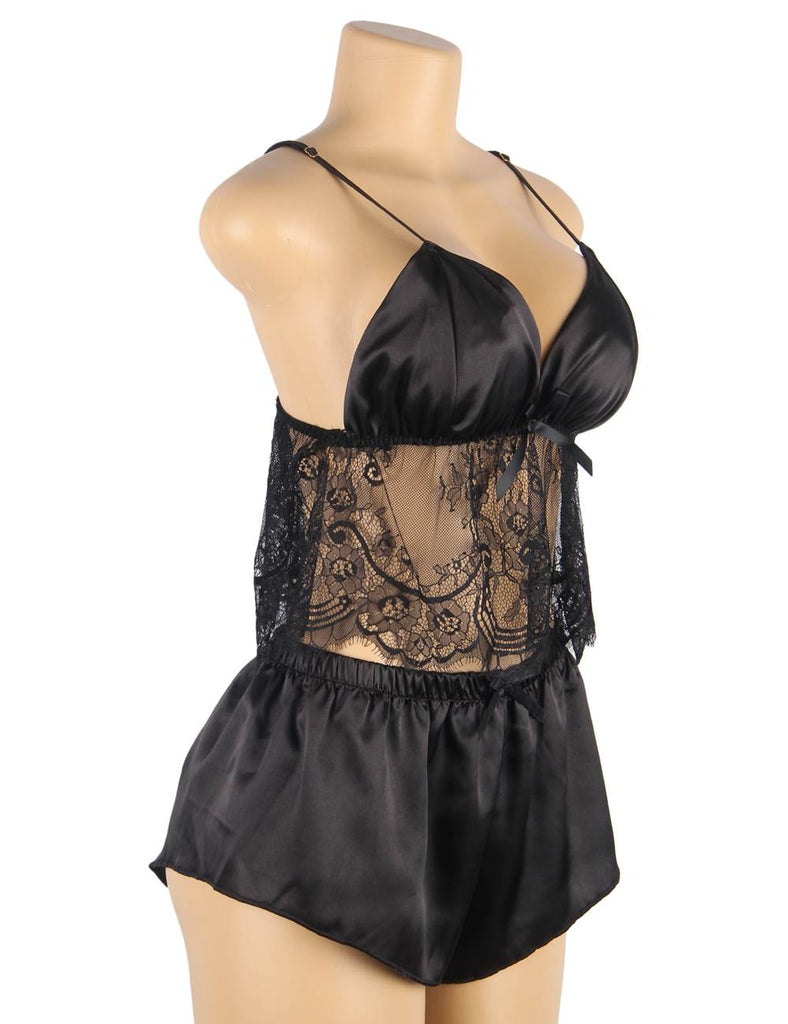 Hollow Sexy Sleepwear Satin Lace Splicing Pajama Sets