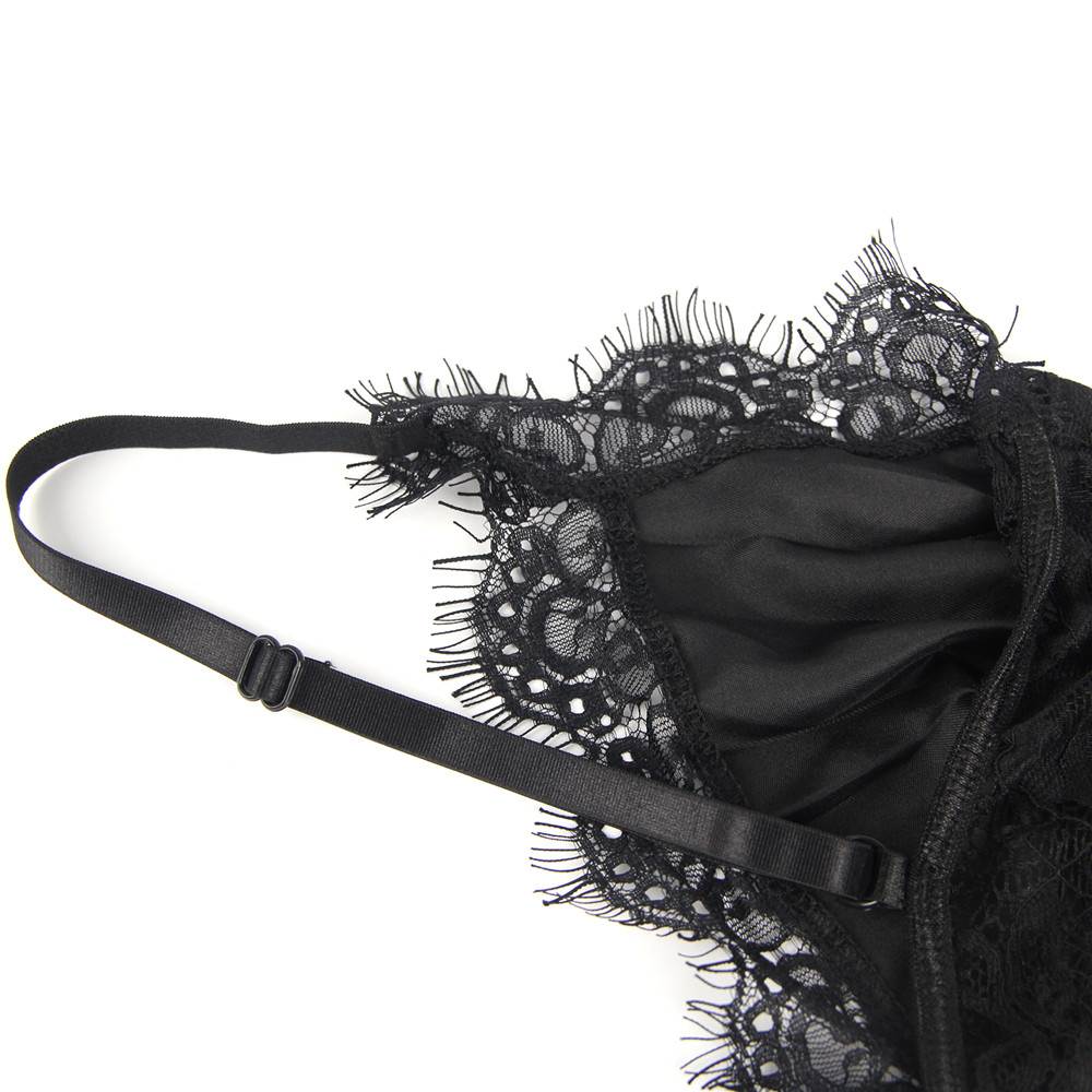 Crotch Open Black & White & Tan Lace High Quality Eyelash Lace Splice Sexy Bodysuit With Farawlaya