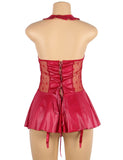 With Farawlaya Black  & Red Sexy Halter Leather Lace Stitching Gartered Lingerie
