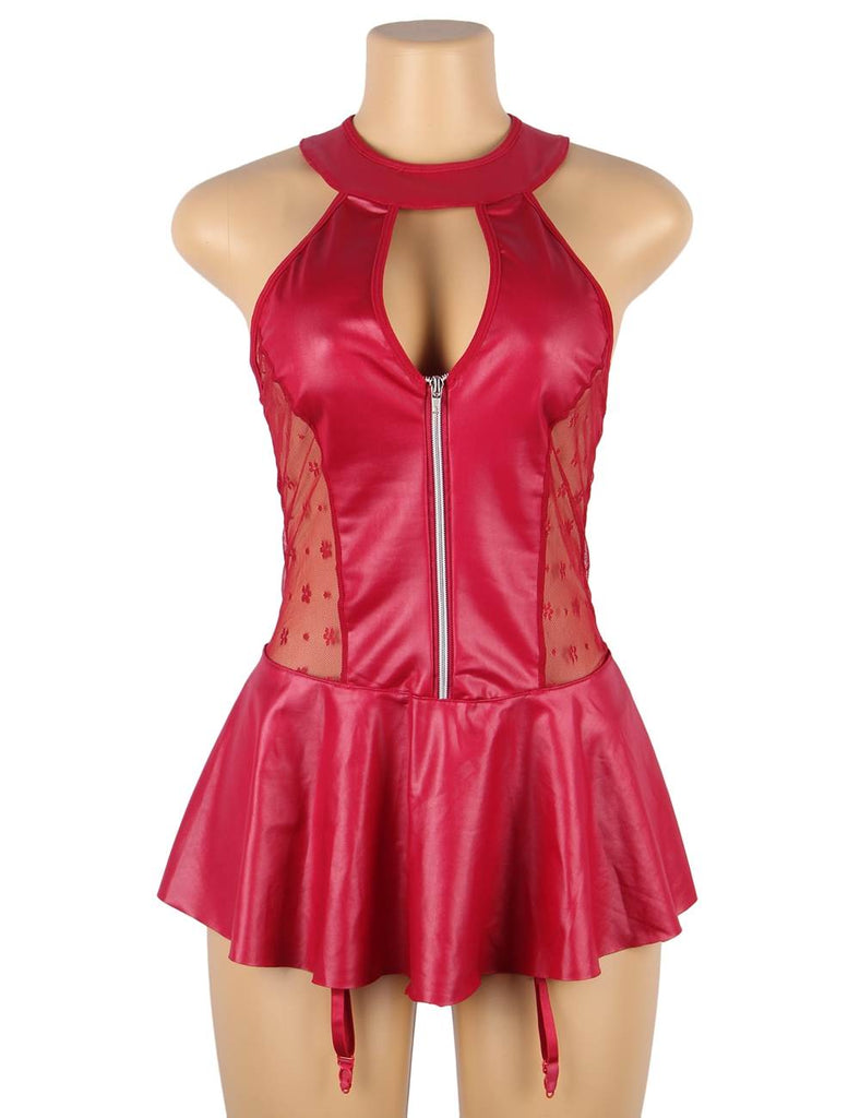 With Farawlaya Black  & Red Sexy Halter Leather Lace Stitching Gartered Lingerie