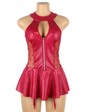With Farawlaya Black  & Red Sexy Halter Leather Lace Stitching Gartered Lingerie
