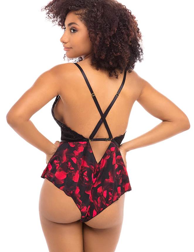 Fashion Sexy Lace Floral Print Plunge Neck Teddy
