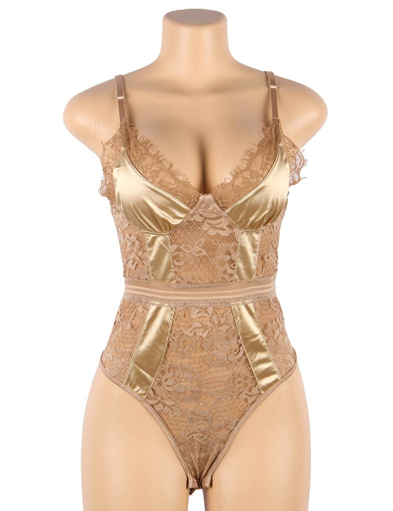 Crotch Open Black & White & Tan Lace High Quality Eyelash Lace Splice Sexy Bodysuit With Farawlaya