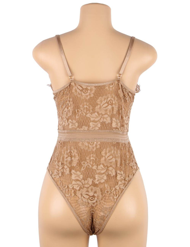 Crotch Open Black & White & Tan Lace High Quality Eyelash Lace Splice Sexy Bodysuit With Farawlaya