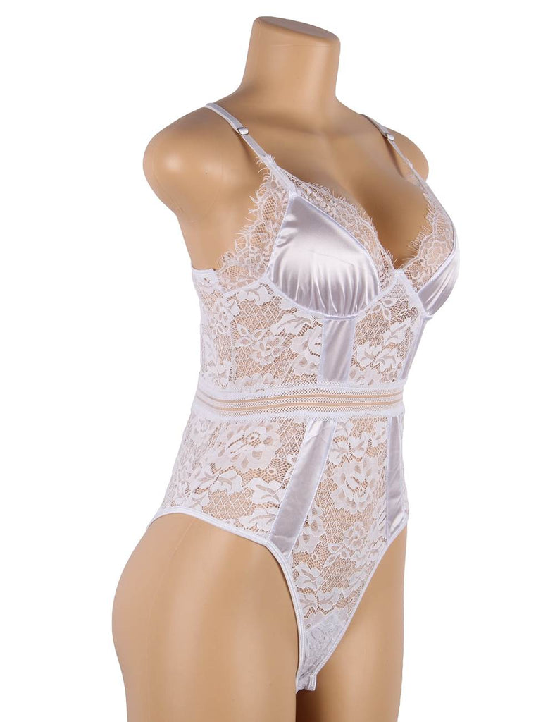 Crotch Open Black & White & Tan Lace High Quality Eyelash Lace Splice Sexy Bodysuit With Farawlaya