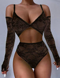 See-through sexy women‘s full lace high stretch bra panty set with sleeves