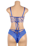 With Farawlaya Blue Lace floral stitching Cross Straps Bra Set With Underwire
