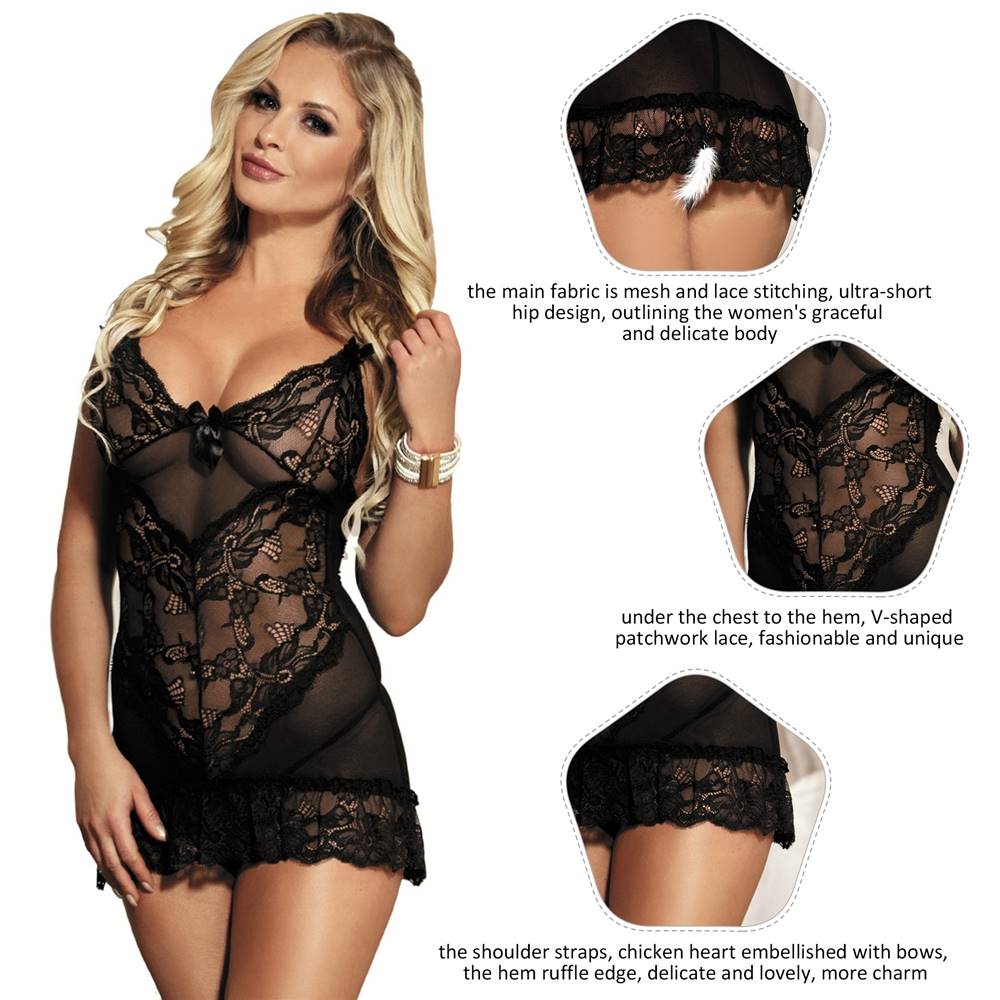 Sexy Red & Purple & Black & White Slim Deep V Neck Lace Sleepwear With Thong