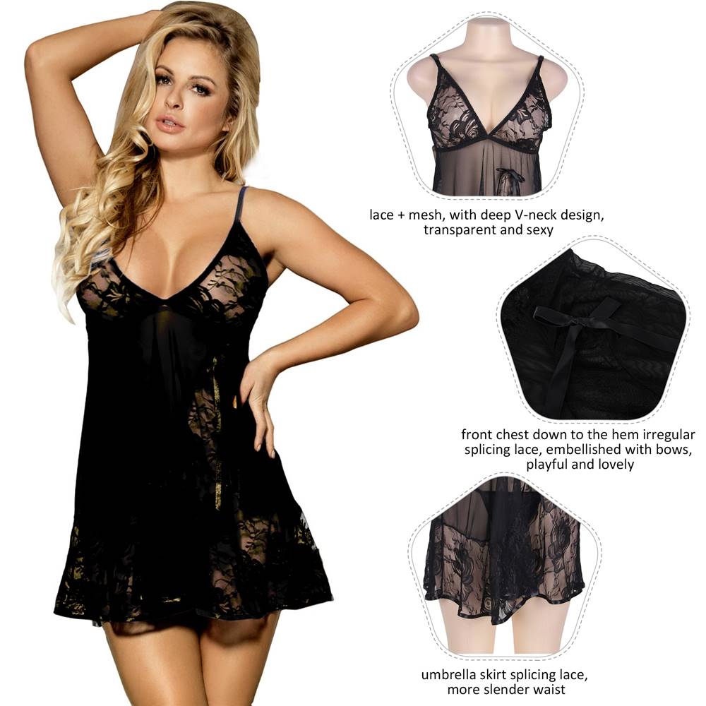 Floral Soft Lace Apron Chemise With Thong