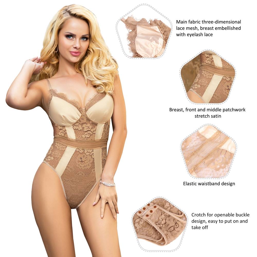 Crotch Open Black & White & Tan Lace High Quality Eyelash Lace Splice Sexy Bodysuit With Farawlaya