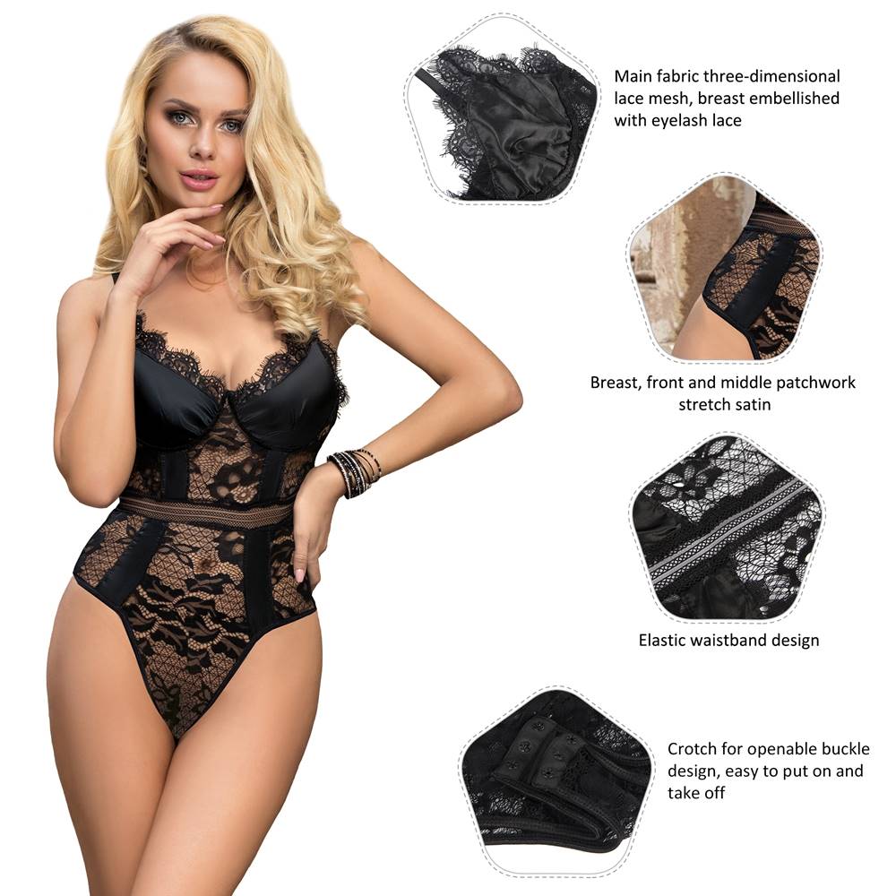 Crotch Open Black & White & Tan Lace High Quality Eyelash Lace Splice Sexy Bodysuit With Farawlaya