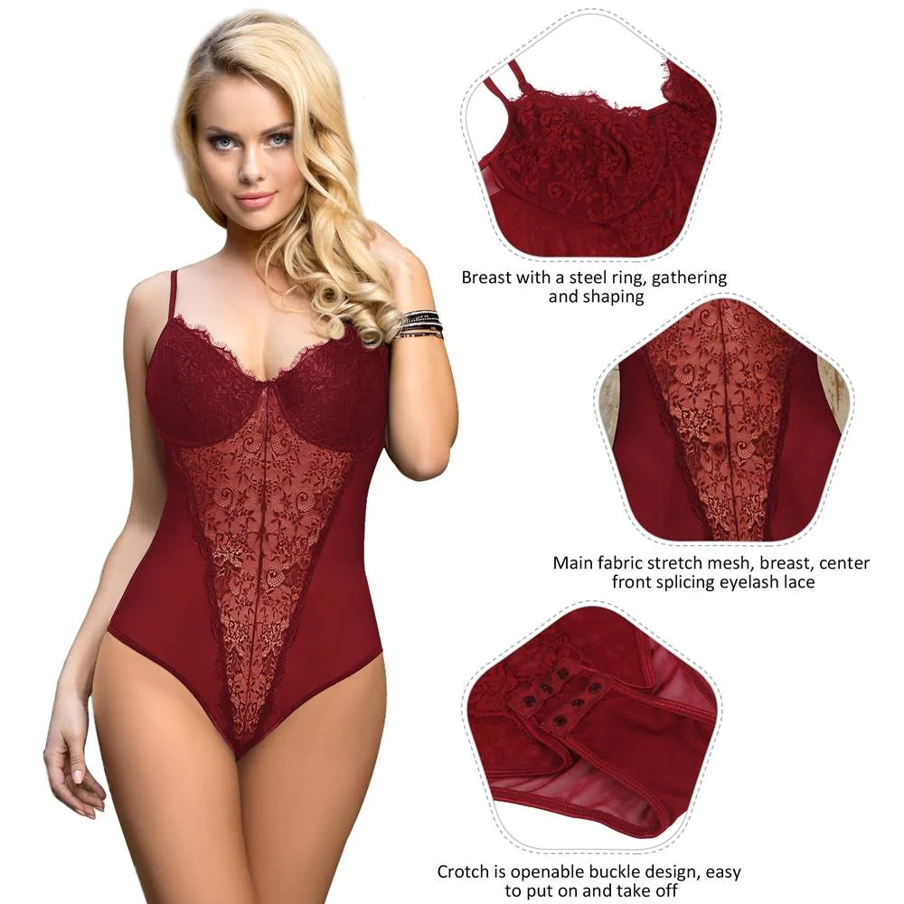 Crotch Open Red & Black High Quality Lace Splicing Sexy Teddy With Underwire