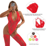 With Farawlaya Sexy Lace Sleeveless See-Through Backless Deep V-Neck Bodysuit With Stocking