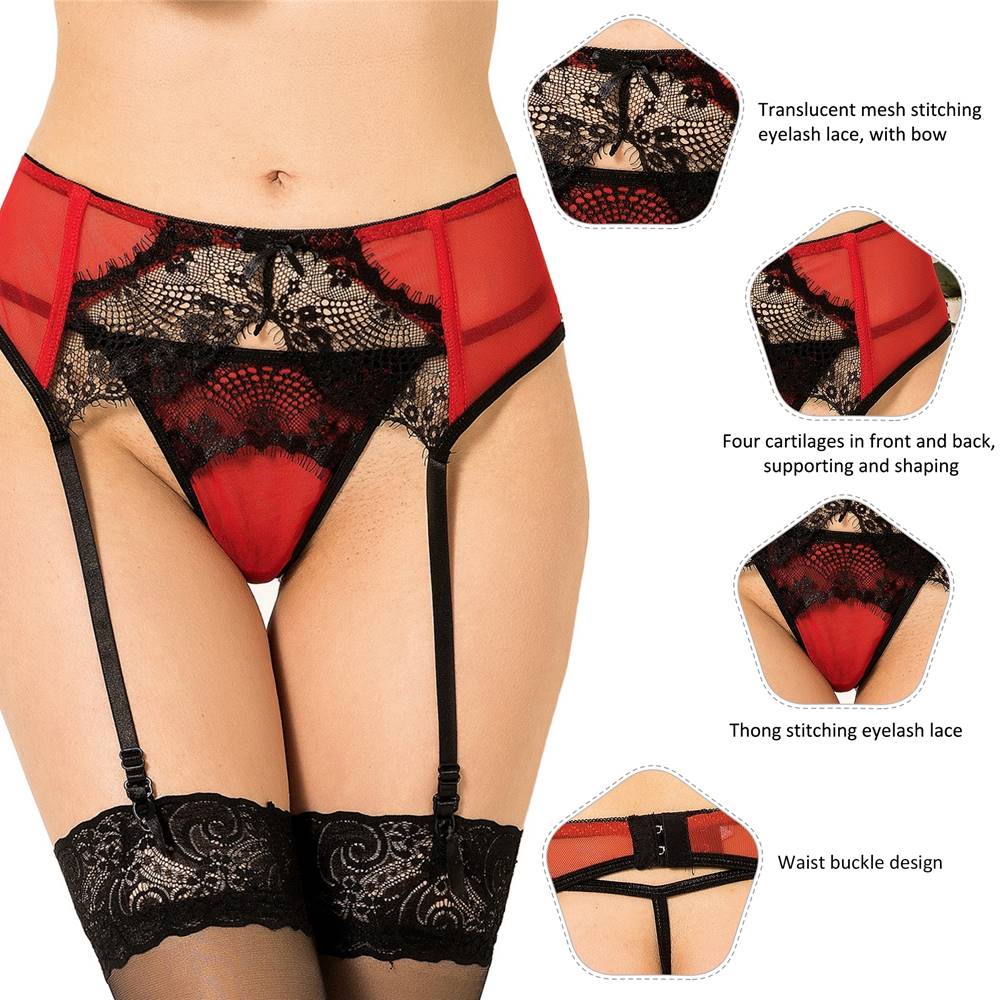Red Sexy Transparent Lace Garter Panty  With Farawlaya