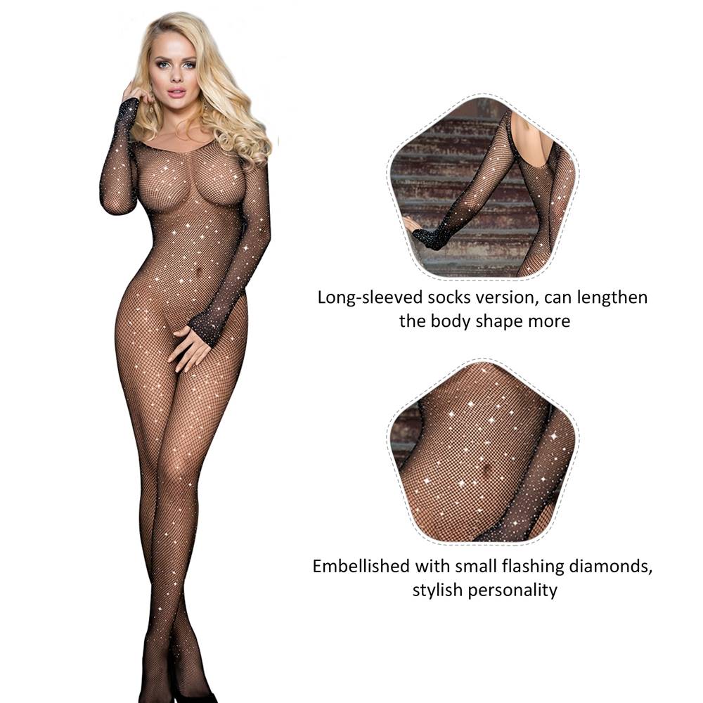 New Plus Size Black Fishnet Diamonds Long Sleeve Bodystocking With Farawlaya