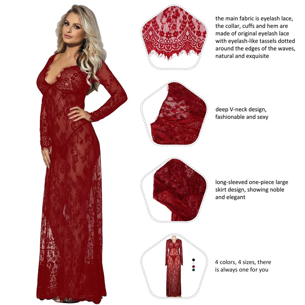 Black & Maroon & White & Green Delicate Lace Long Sleepwear Gown