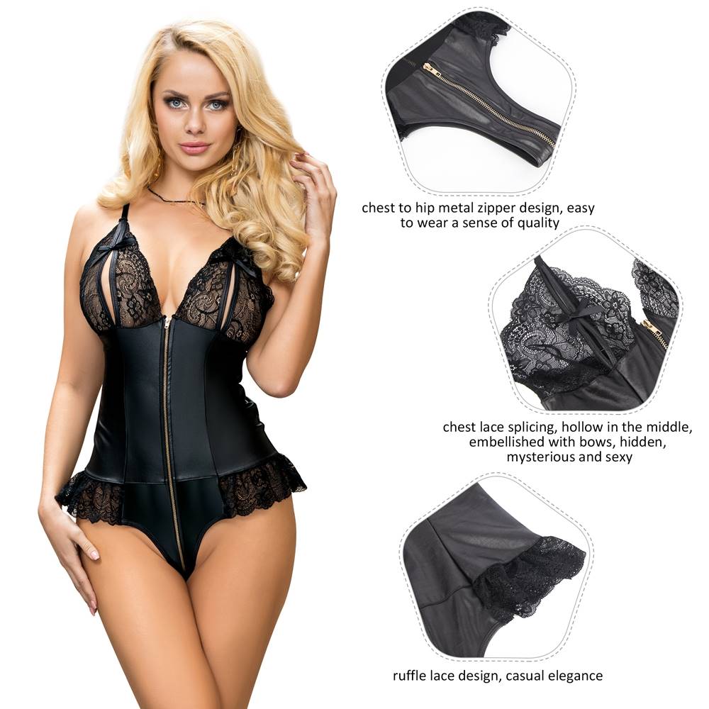 Sexy Lace Leather Stitching Zipper Teddy Clubwear