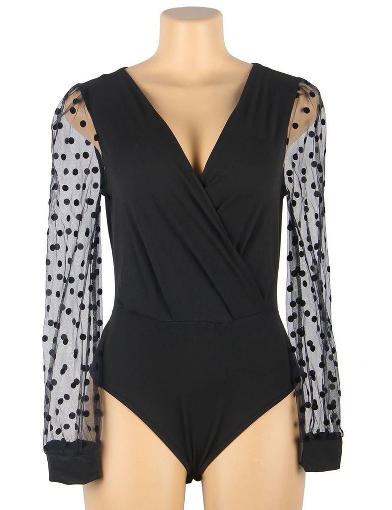 Crotch Open Black Polka dot mesh Long Sleeve Deep V Fashion Bodysuit With Farawlaya
