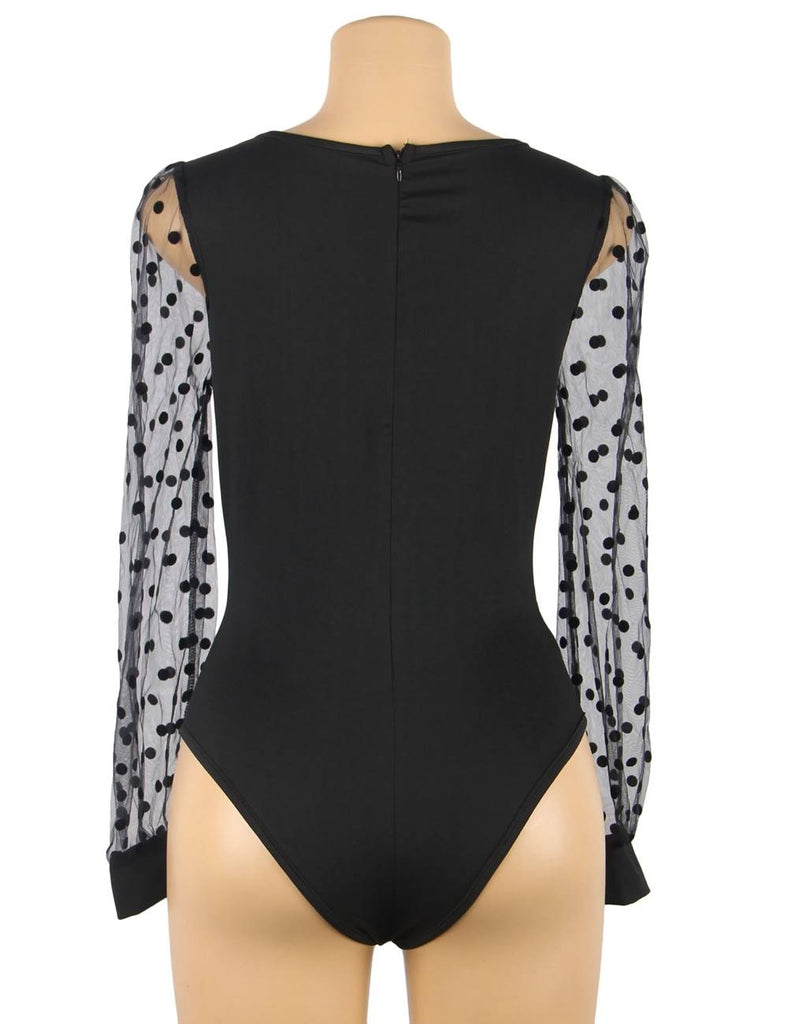 Crotch Open Black Polka dot mesh Long Sleeve Deep V Fashion Bodysuit With Farawlaya