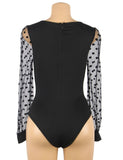 Crotch Open Black Polka dot mesh Long Sleeve Deep V Fashion Bodysuit With Farawlaya