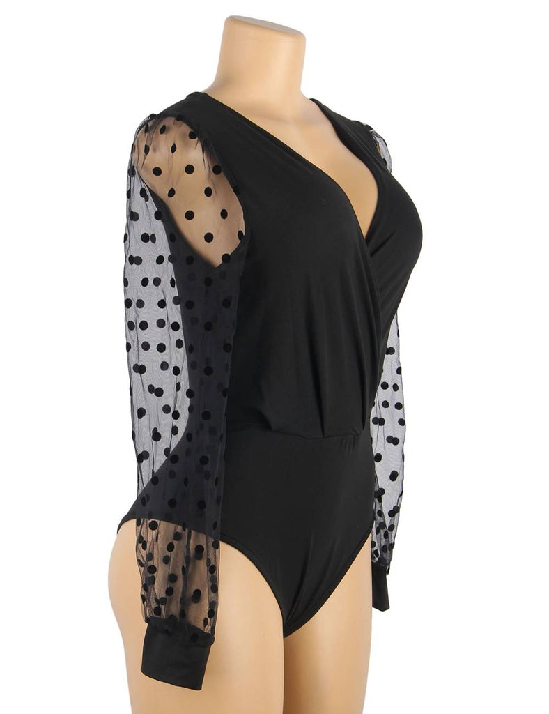 Crotch Open Black Polka dot mesh Long Sleeve Deep V Fashion Bodysuit With Farawlaya