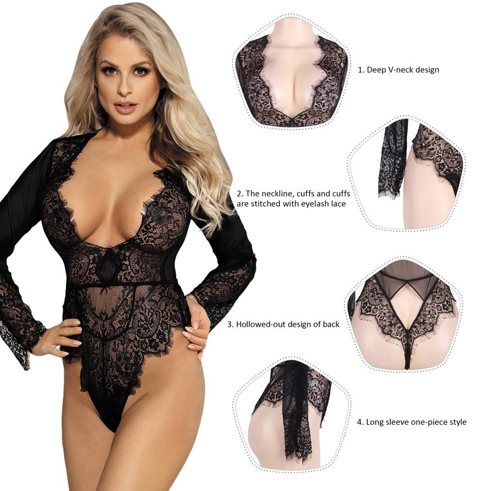 Plus Size Rose Red Exquisite Lace Sleeve Teddy