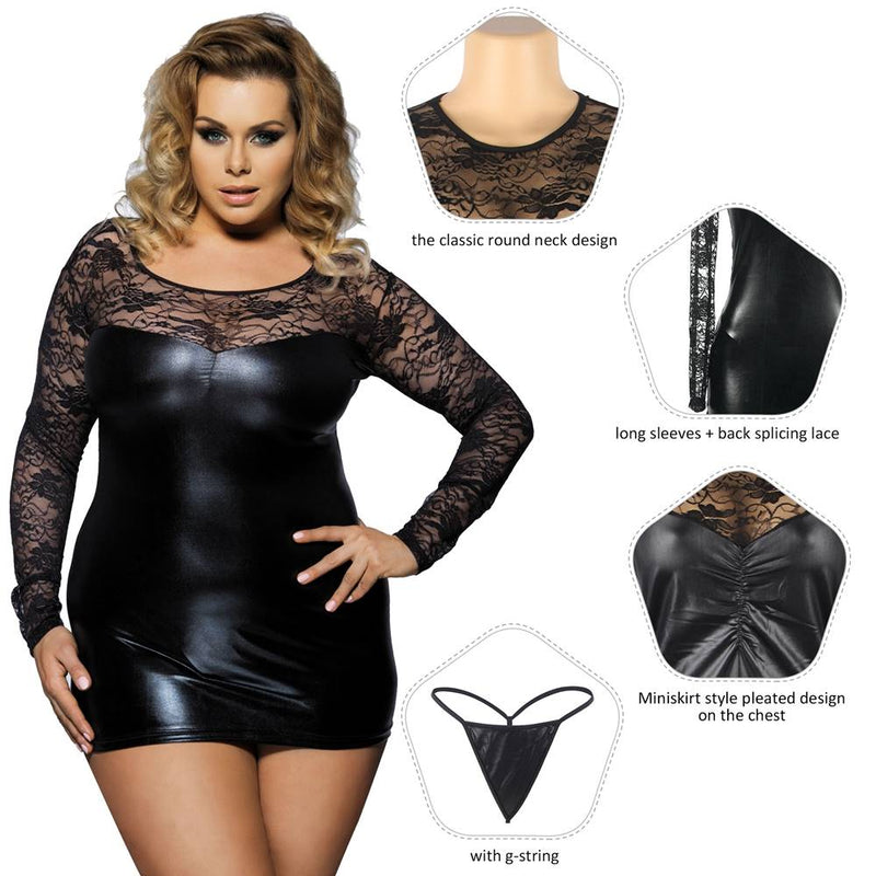 Leather Patchwork Lace Round Neck Front Pleat Long Sleeve Sexy Leather Miniskir