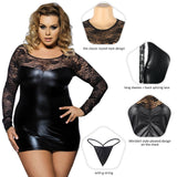 Leather Patchwork Lace Round Neck Front Pleat Long Sleeve Sexy Leather Miniskir