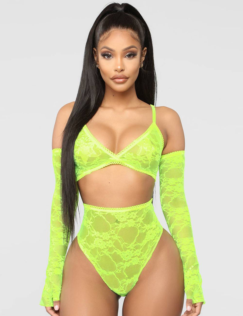 See-through sexy women‘s full lace high stretch bra panty set with sleeves