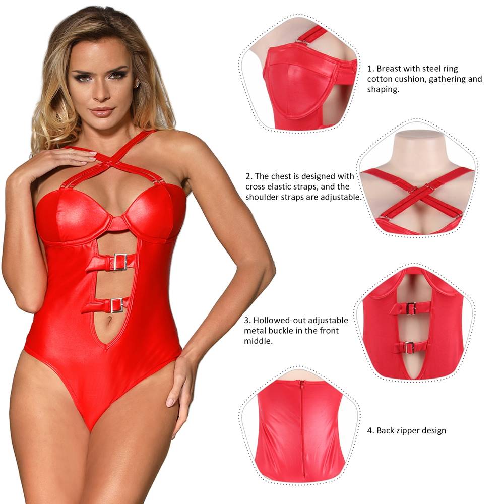 Black & Red Leather Women Sexy Teddy