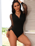 Crotch Open Black Polka dot mesh Long Sleeve Deep V Fashion Bodysuit With Farawlaya
