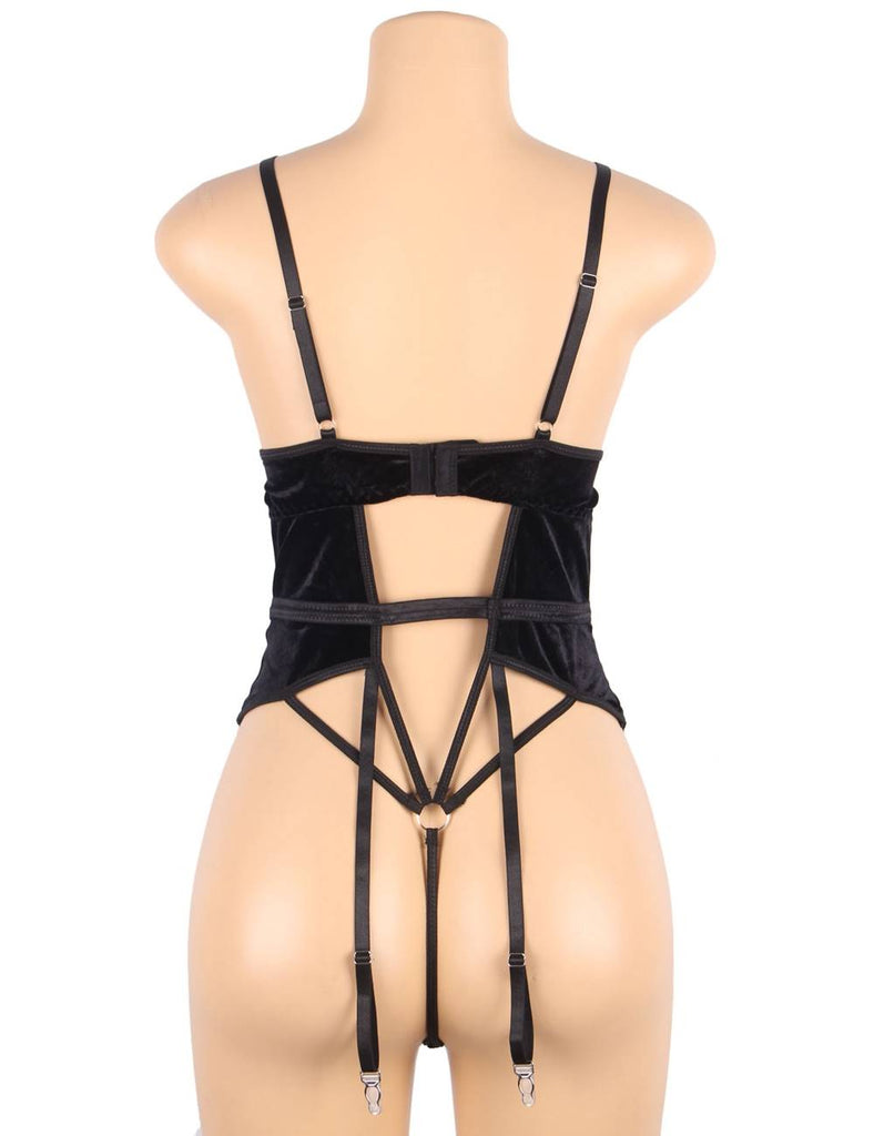 Deep V garter lace velvet stitching teddy With Farawlaya