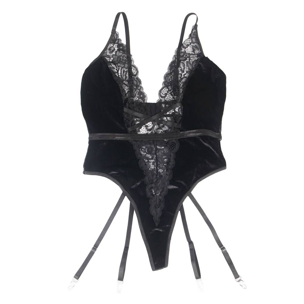 Deep V garter lace velvet stitching teddy With Farawlaya